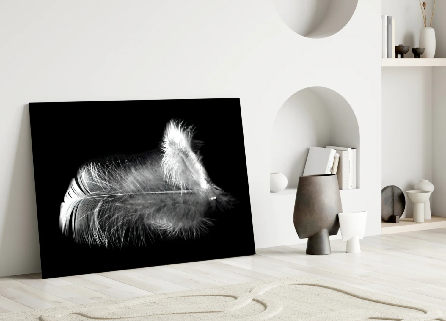 Soft White Feather Black Glass Wall Art - Image 4