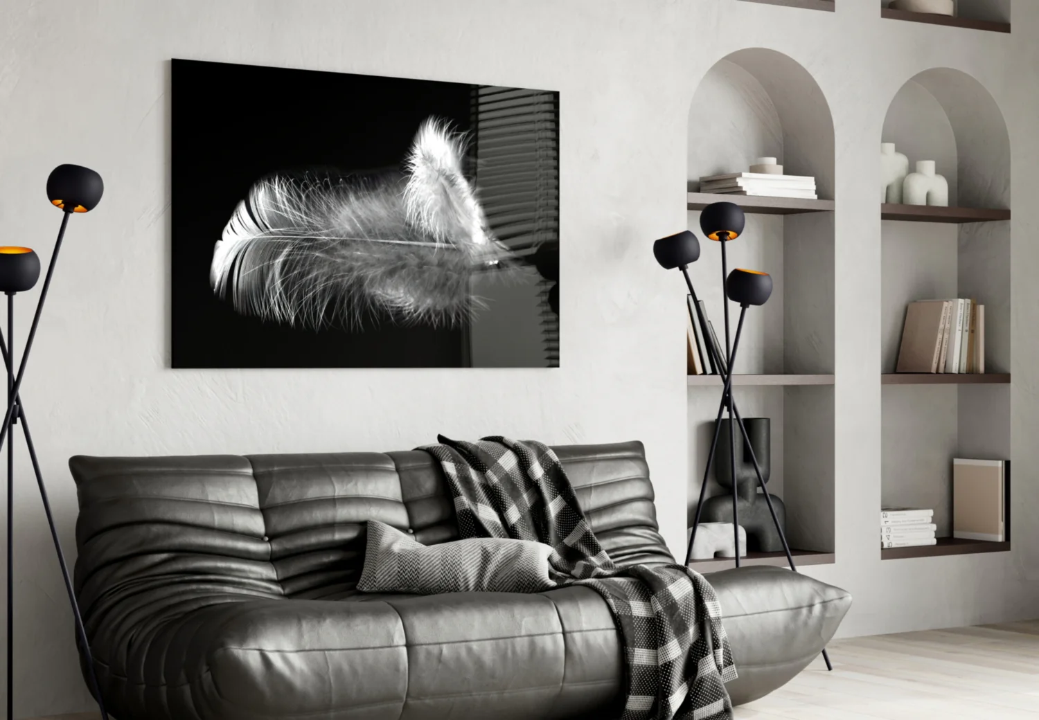 Soft White Feather Black Glass Wall Art - Image 5