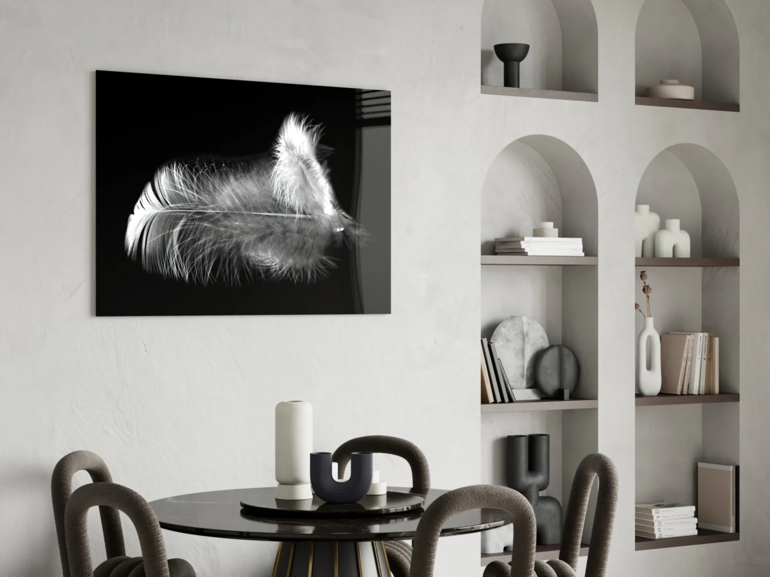 Soft White Feather Black Glass Wall Art - Image 6