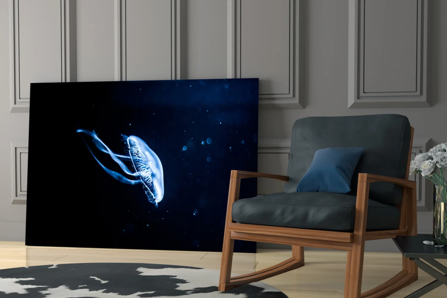 Solitary Blue Jellyfish Night Glass Wall Art - Image 6