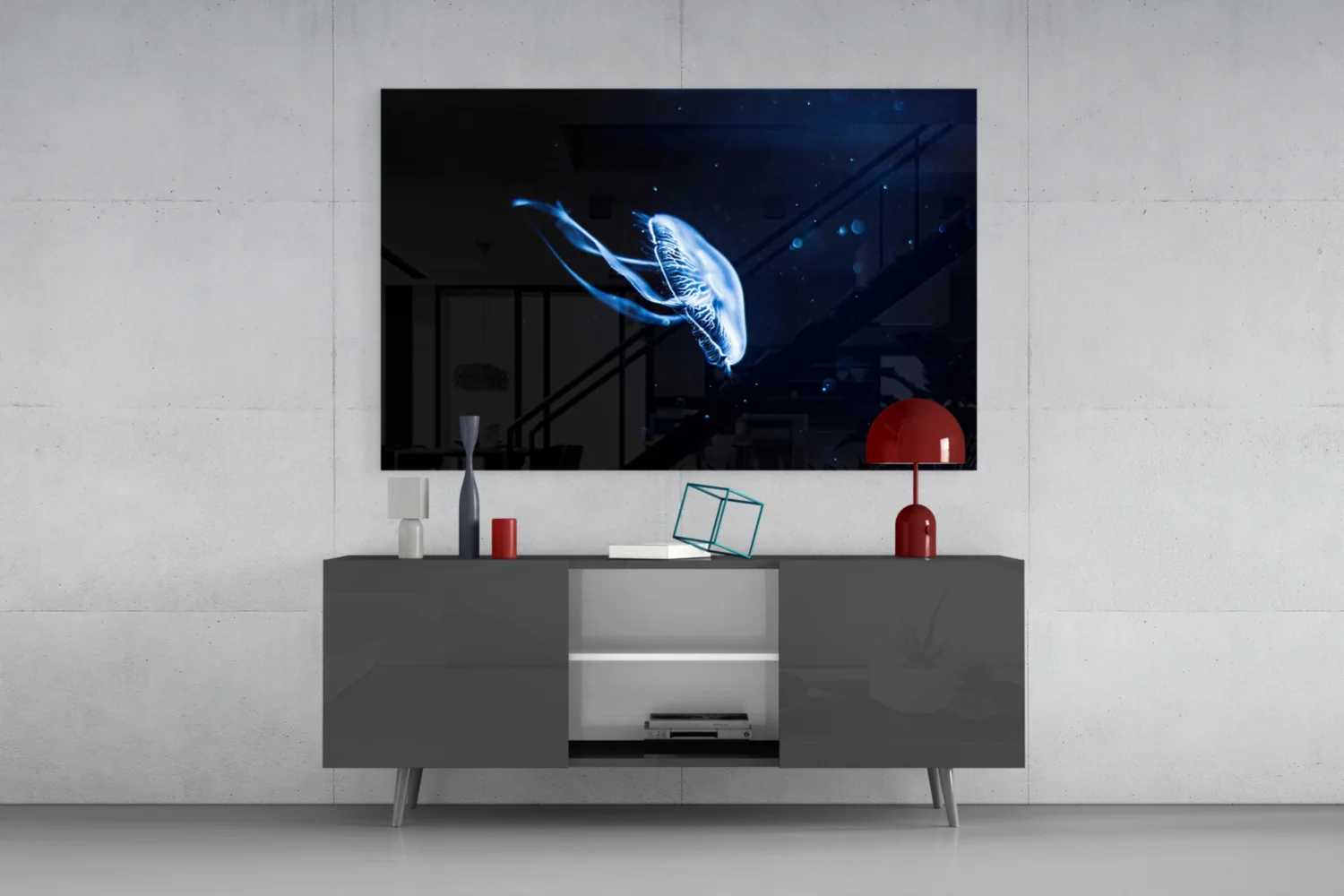 Solitary Blue Jellyfish Night Glass Wall Art - Image 8