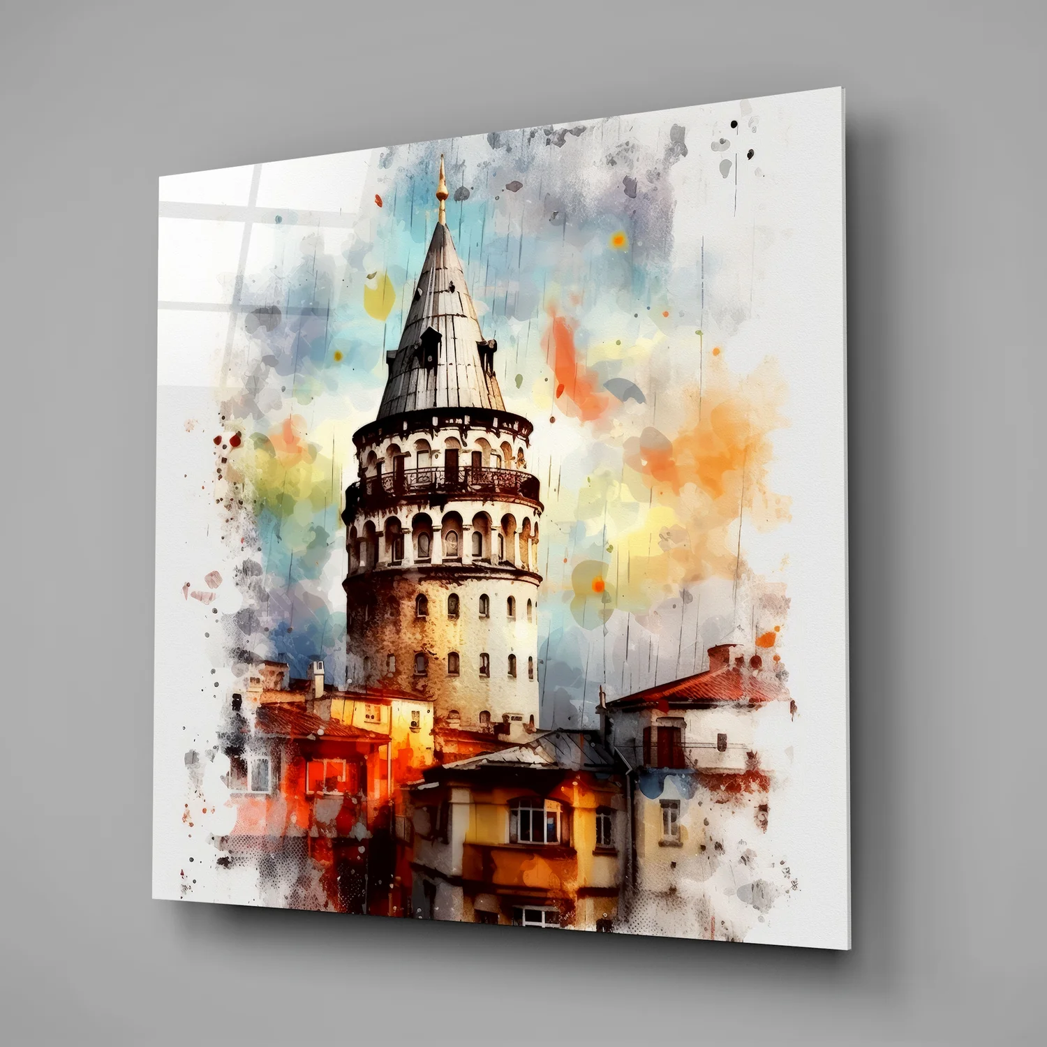 Splatter Watercolor Galata Tower Glass Wall Art - Image 2
