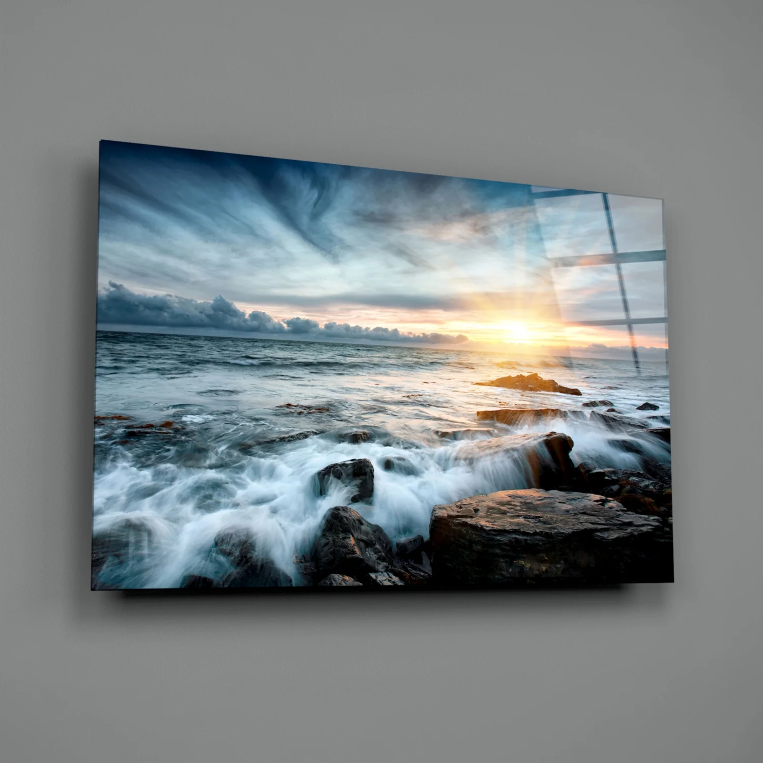 Sunrays Rocky Coast Waves Glass Wall Art - Image 2