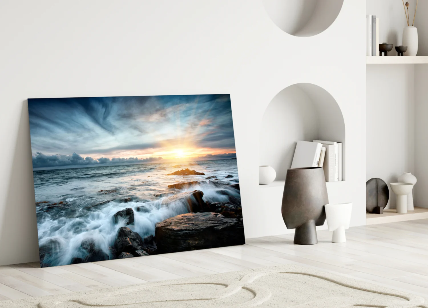 Sunrays Rocky Coast Waves Glass Wall Art - Image 3