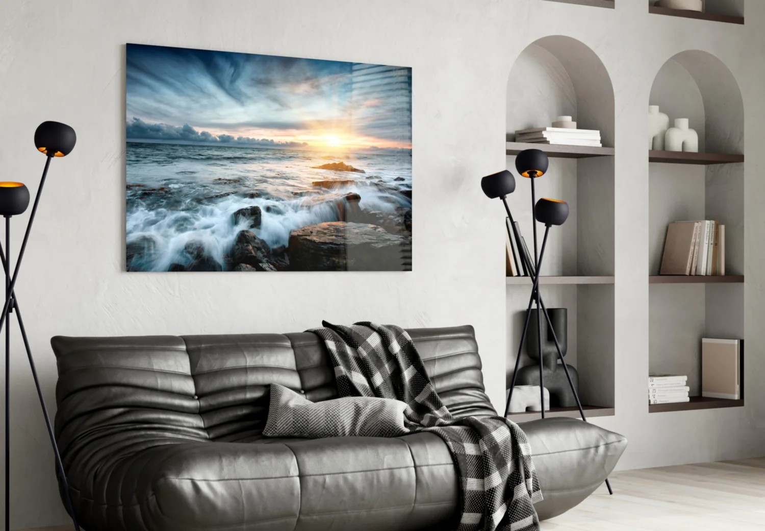 Sunrays Rocky Coast Waves Glass Wall Art - Image 4
