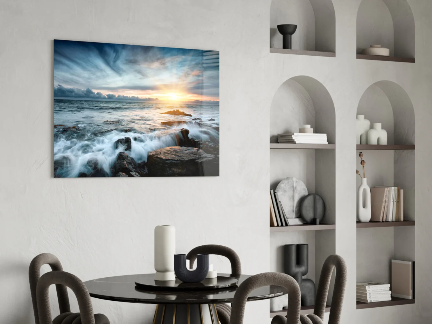 Sunrays Rocky Coast Waves Glass Wall Art - Image 5