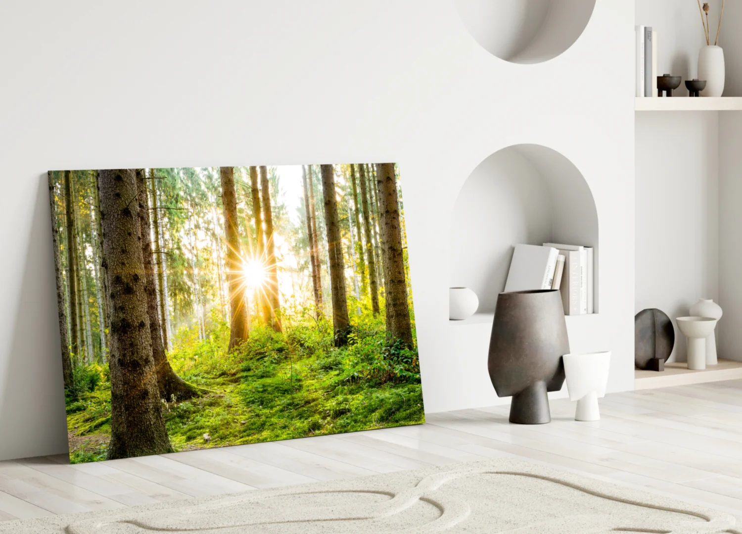 Sunrays Through Forest Trees Glass Wall Art - Image 4