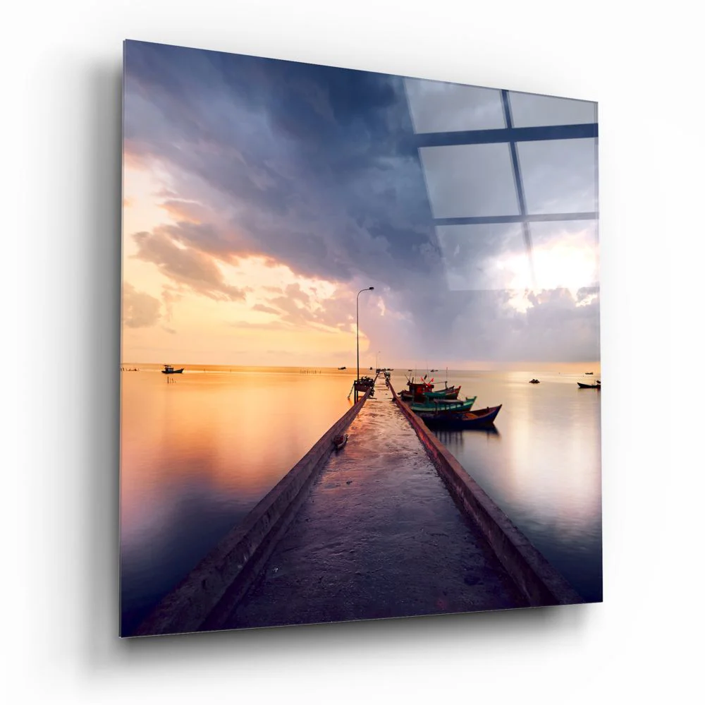Sunset Jetty and Boats Dock Glass Wall Art - Image 2