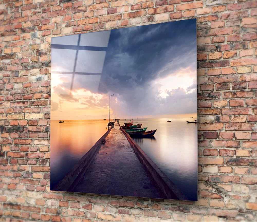 Sunset Jetty and Boats Dock Glass Wall Art - Image 4