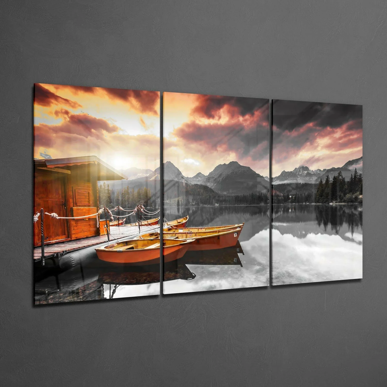 Sunset Mountain Lake Boats Glass Wall Art - Image 2