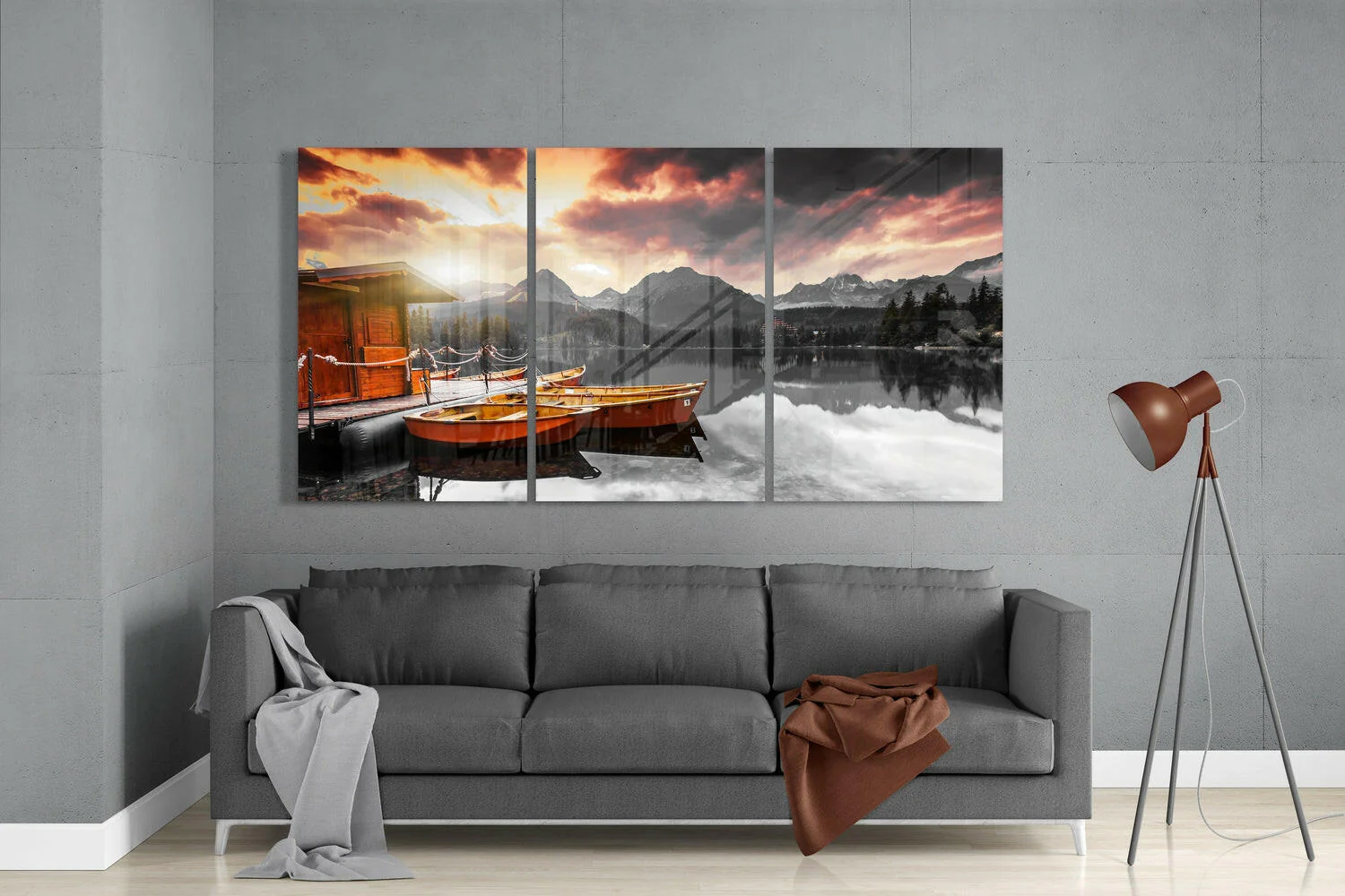 Sunset Mountain Lake Boats Glass Wall Art - Image 3