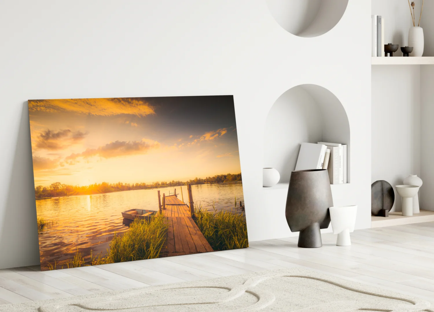 Sunset Rowboat Grassy Dock Glass Wall Art - Image 3