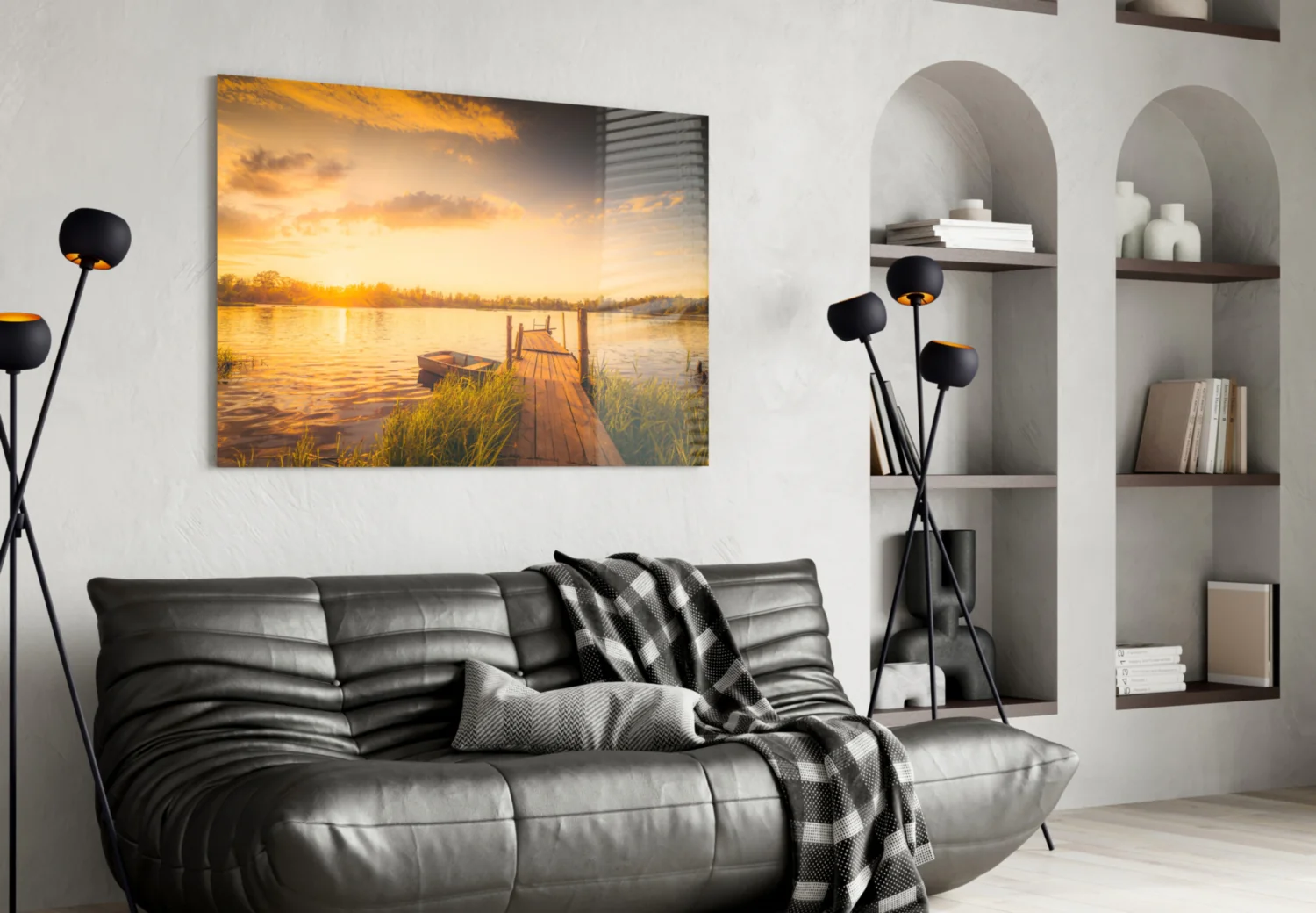 Sunset Rowboat Grassy Dock Glass Wall Art - Image 4