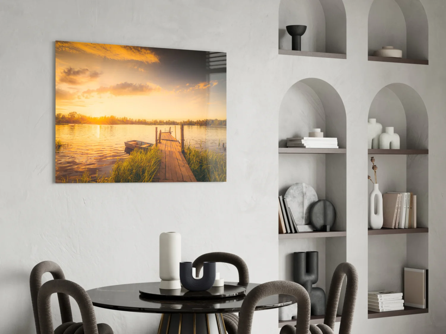 Sunset Rowboat Grassy Dock Glass Wall Art - Image 5
