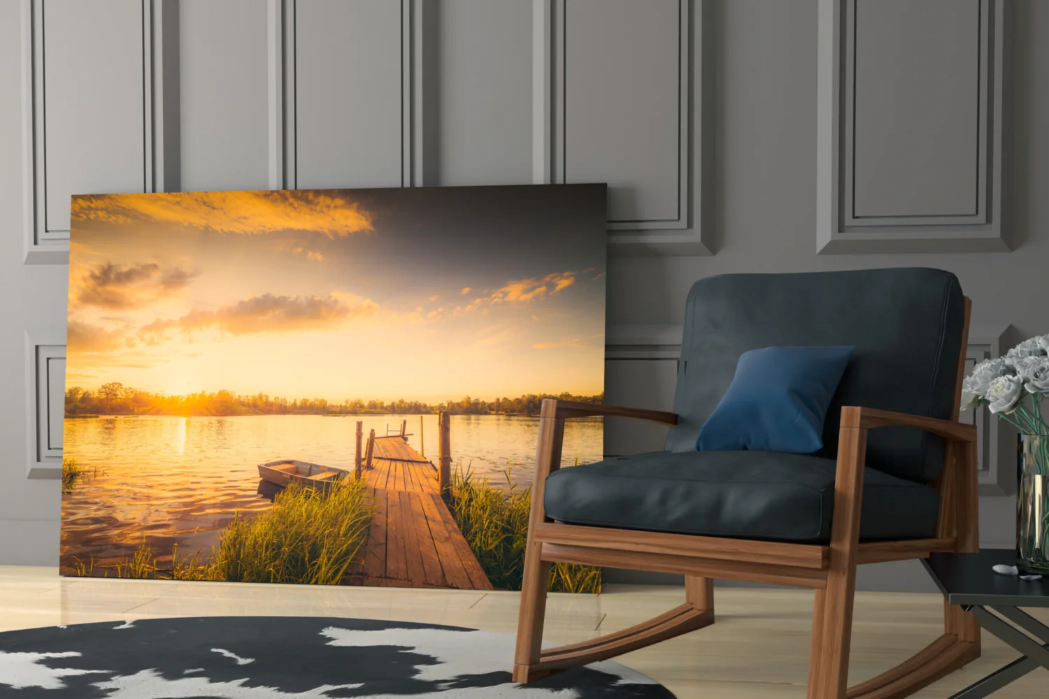 Sunset Rowboat Grassy Dock Glass Wall Art - Image 6