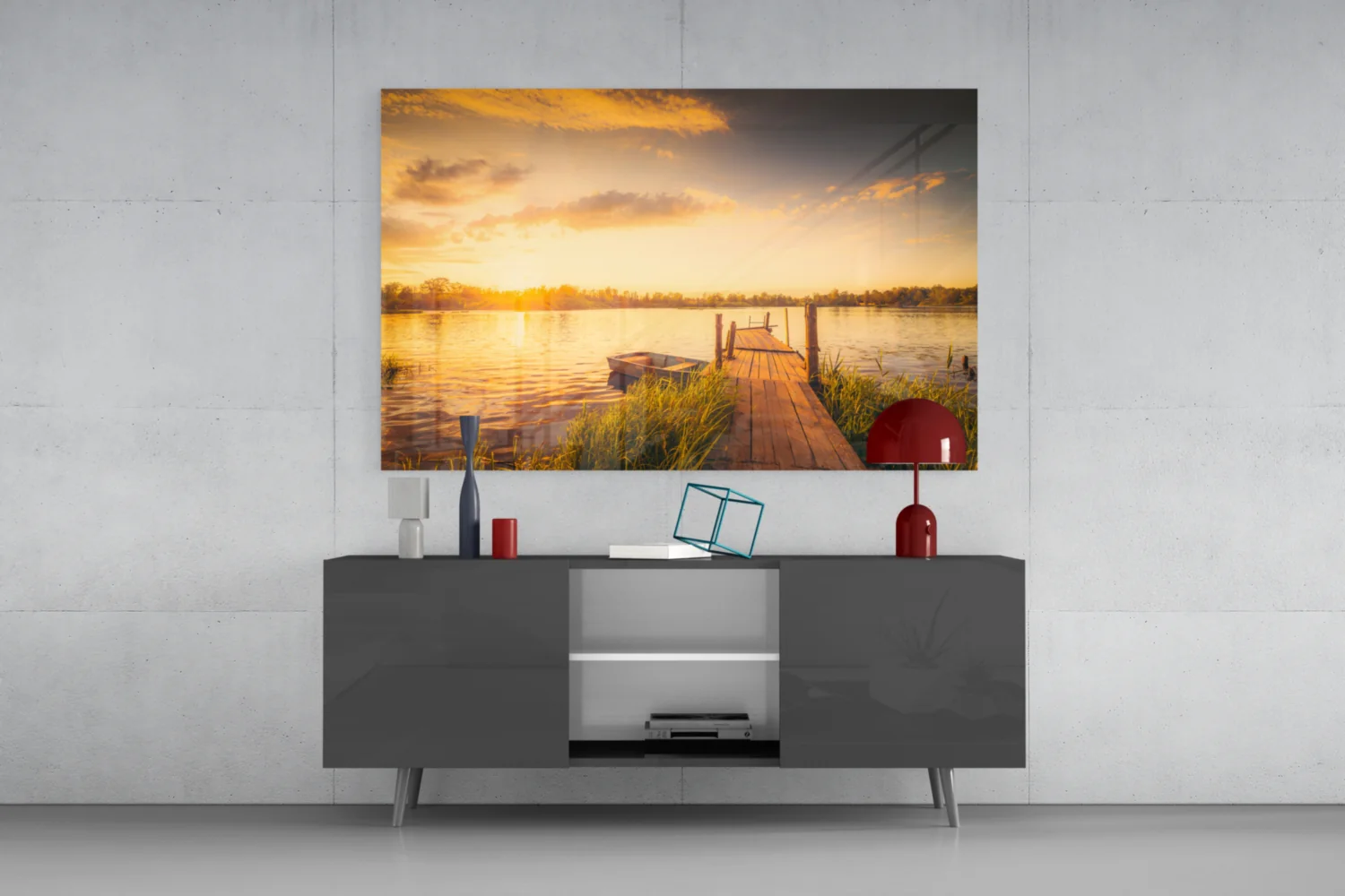 Sunset Rowboat Grassy Dock Glass Wall Art - Image 8