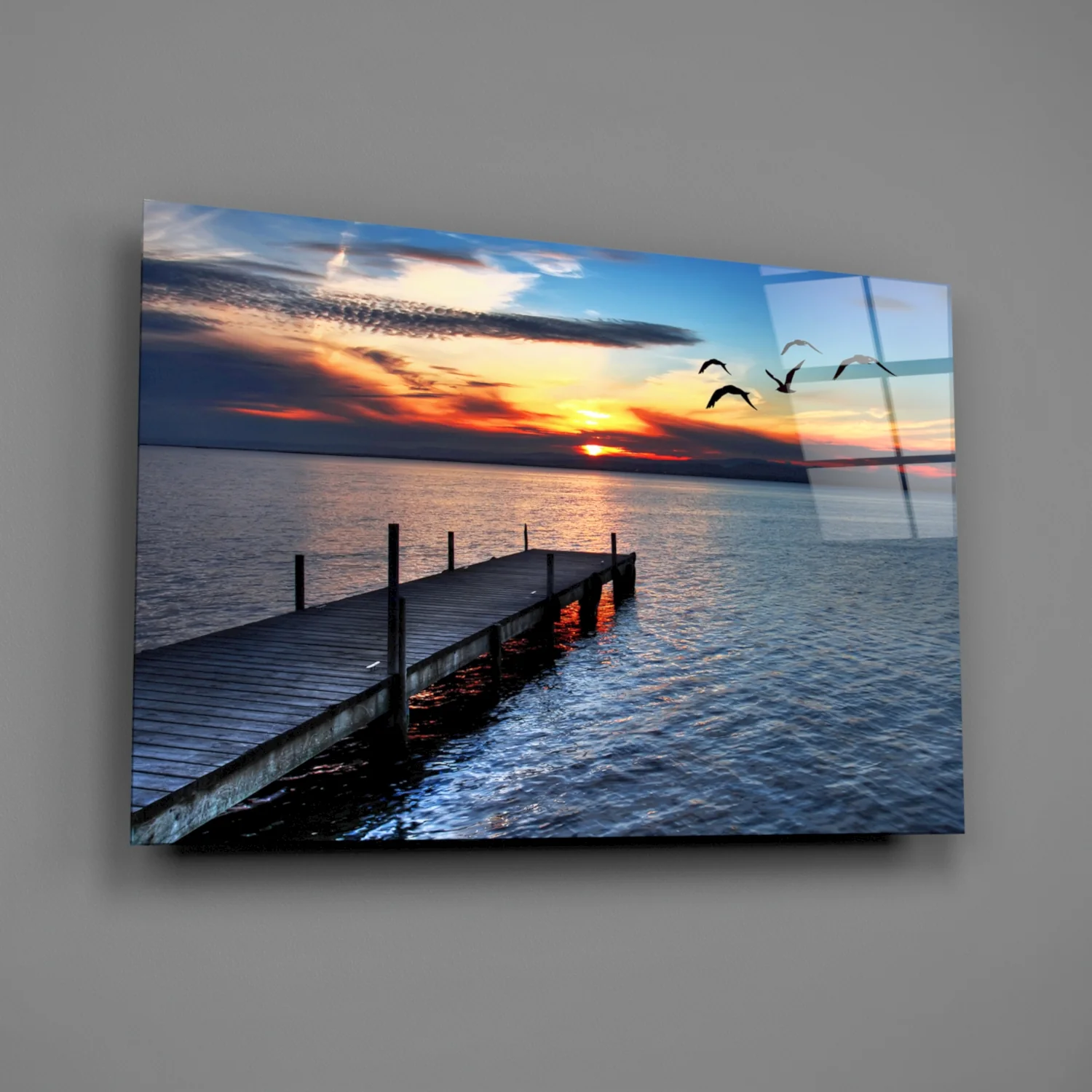 Sunset Silhouette Birds Lake Dock Glass Wall Art - Image 2