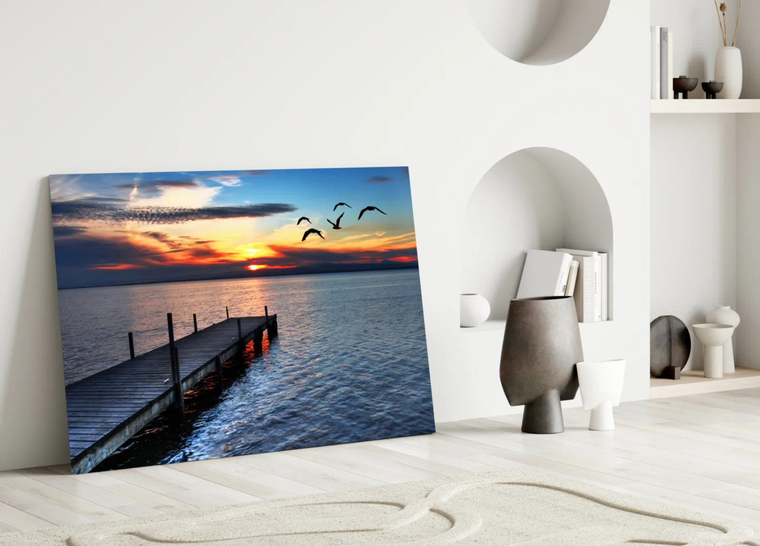 Sunset Silhouette Birds Lake Dock Glass Wall Art - Image 3