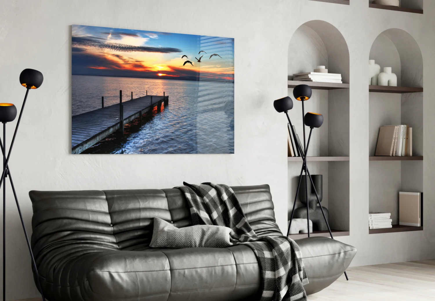 Sunset Silhouette Birds Lake Dock Glass Wall Art - Image 4