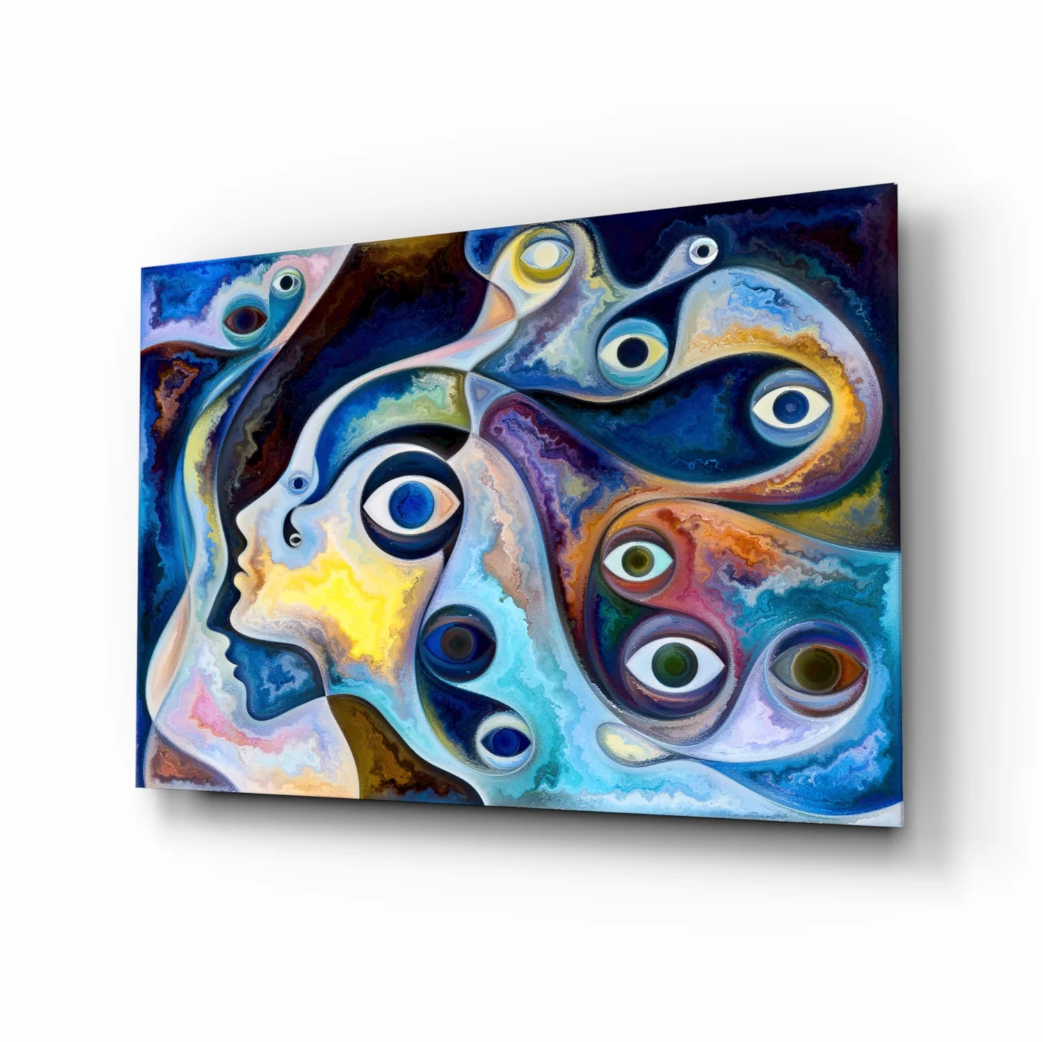 Surreal Blue Faces Eyes Glass Wall Art
