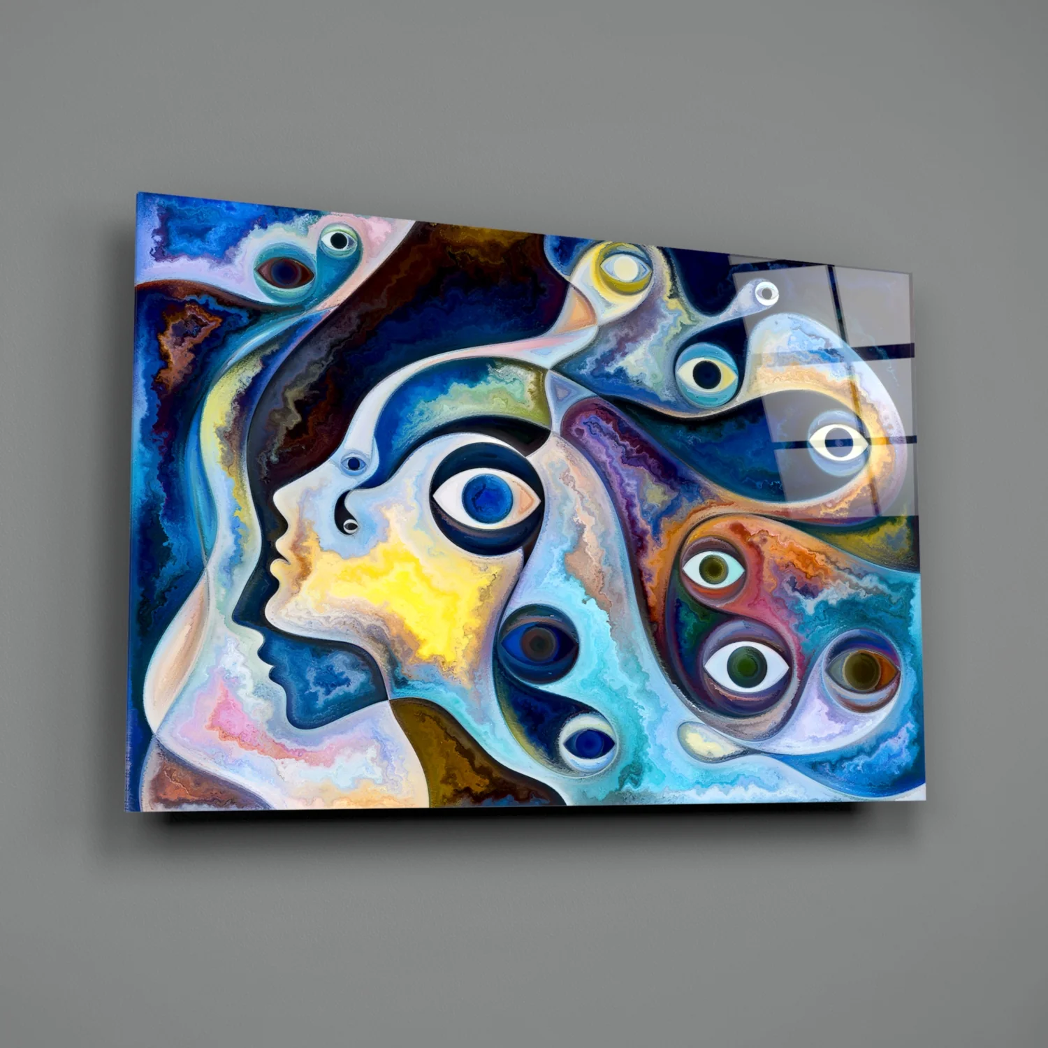 Surreal Blue Faces Eyes Glass Wall Art - Image 2