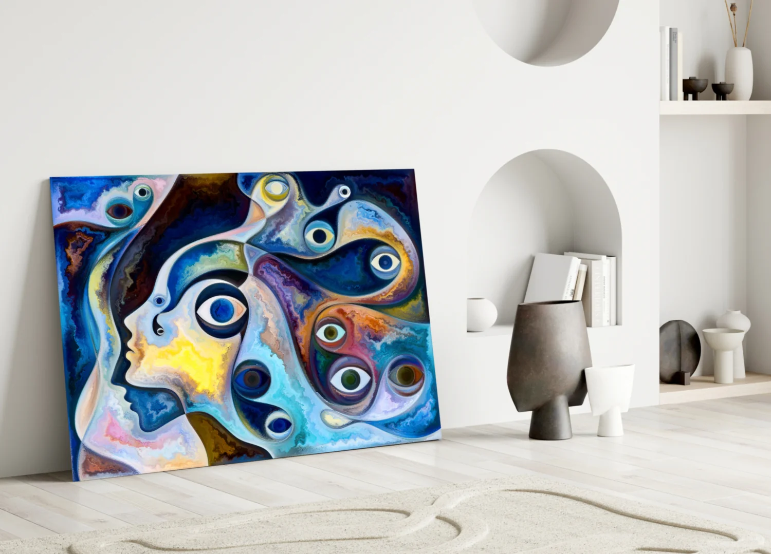 Surreal Blue Faces Eyes Glass Wall Art - Image 3