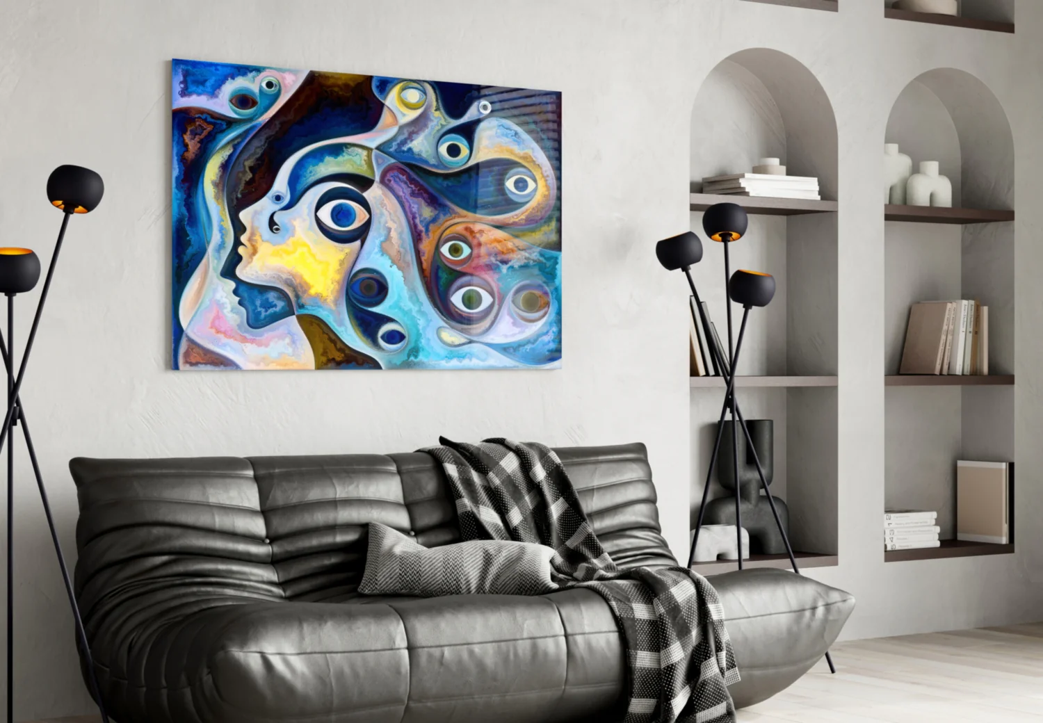Surreal Blue Faces Eyes Glass Wall Art - Image 4