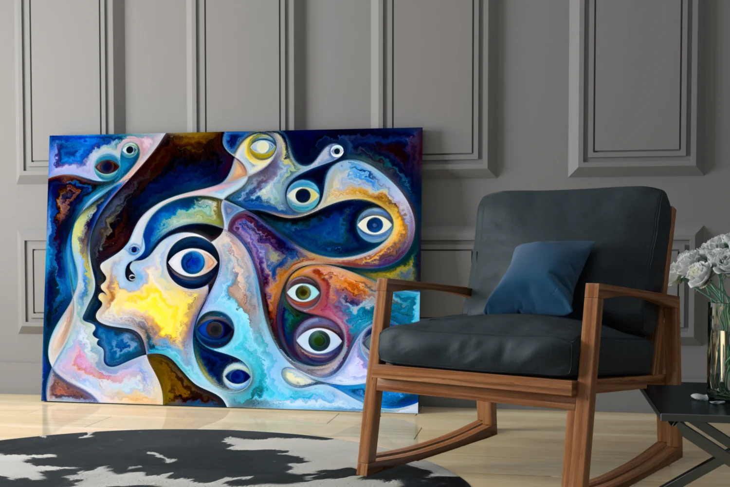 Surreal Blue Faces Eyes Glass Wall Art - Image 6