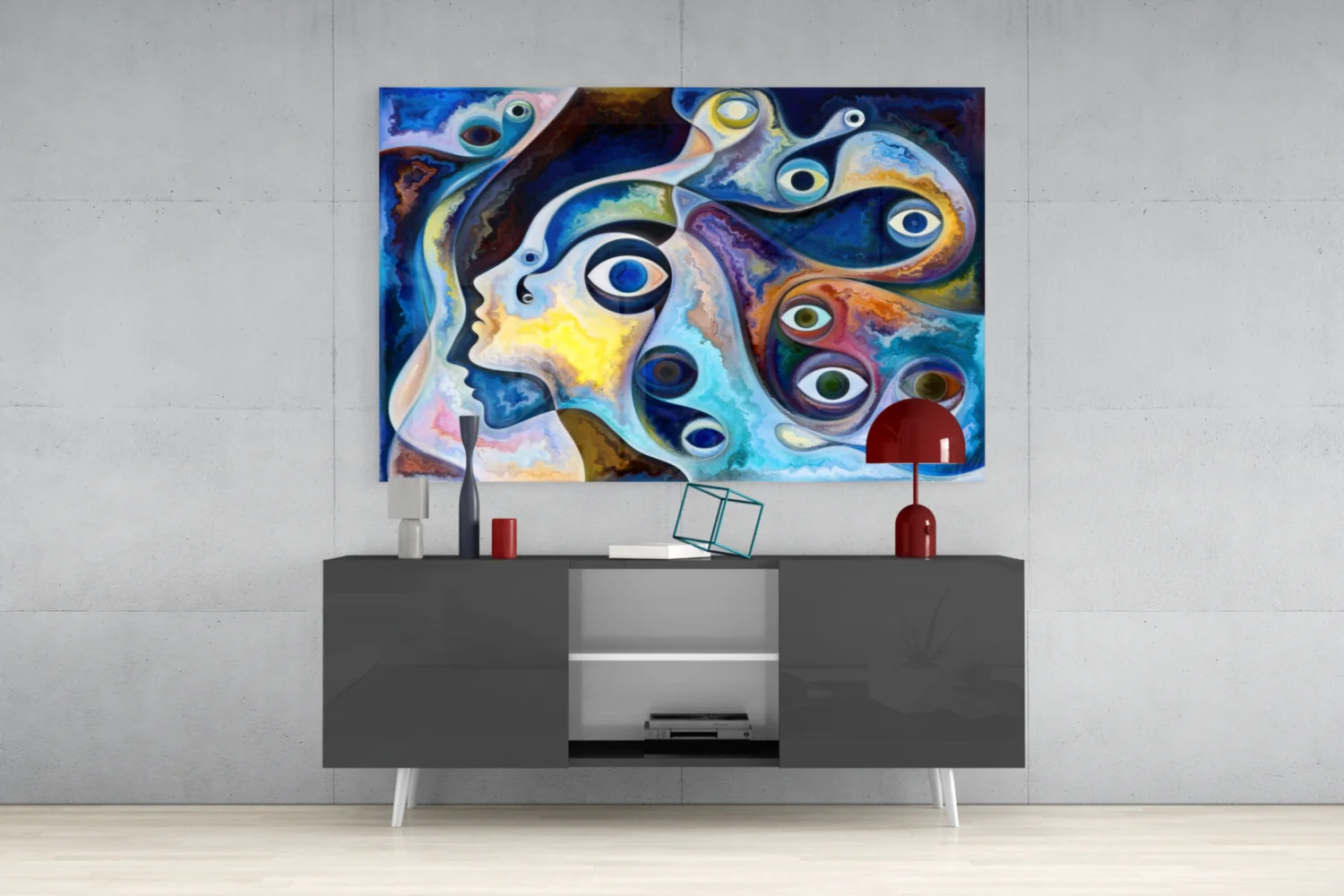 Surreal Blue Faces Eyes Glass Wall Art - Image 8