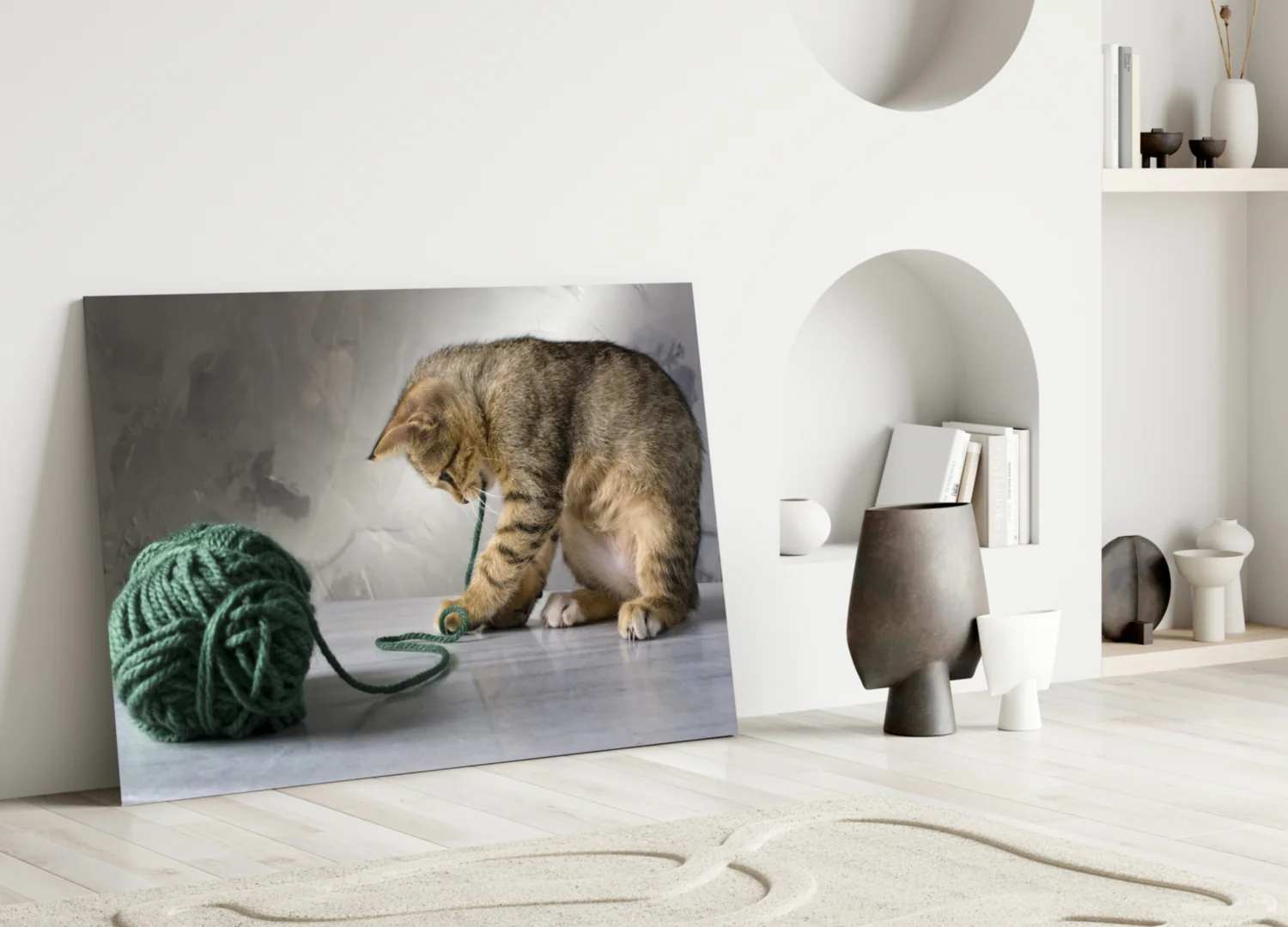 Tabby Kitten Green Yarn Glass Wall Art - Image 3