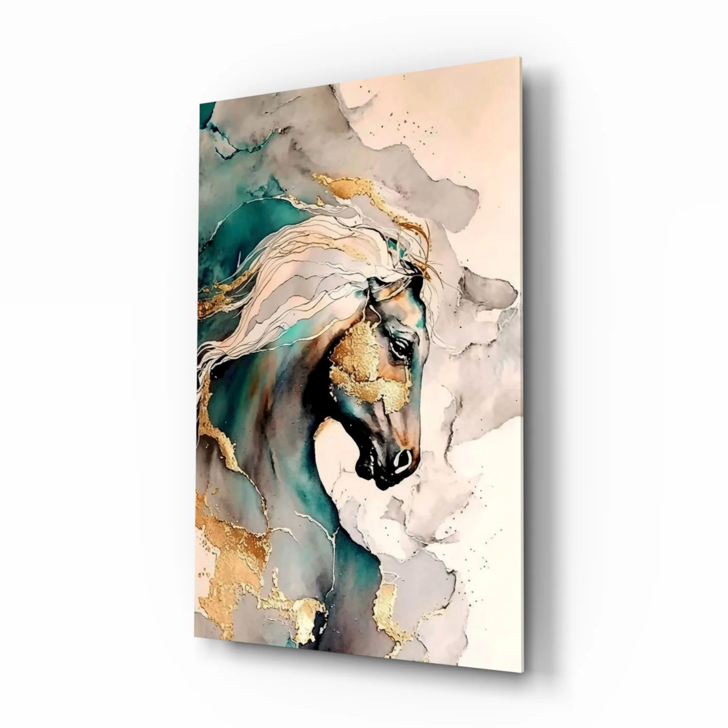 Teal and Gold Marble Horse Glass Wall Art