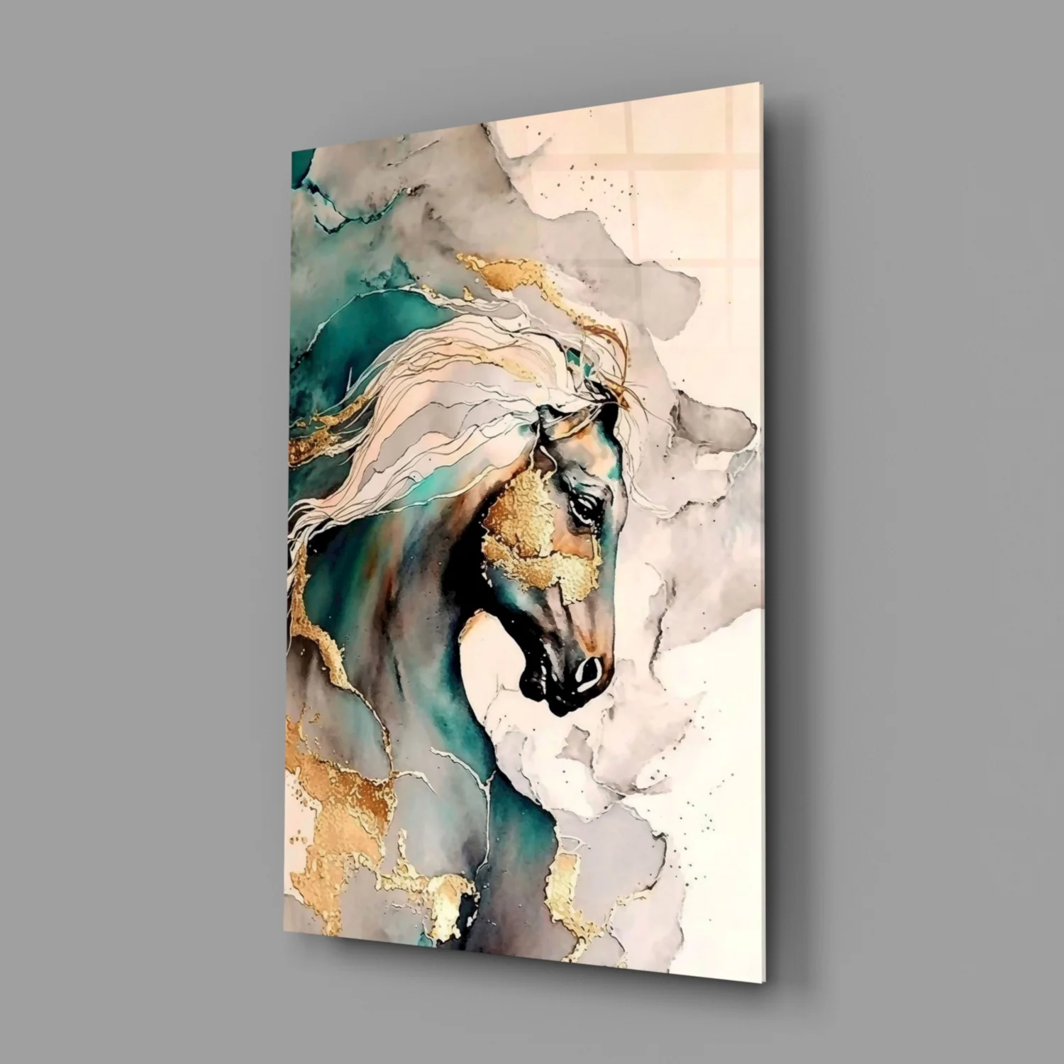 Teal and Gold Marble Horse Glass Wall Art - Image 2