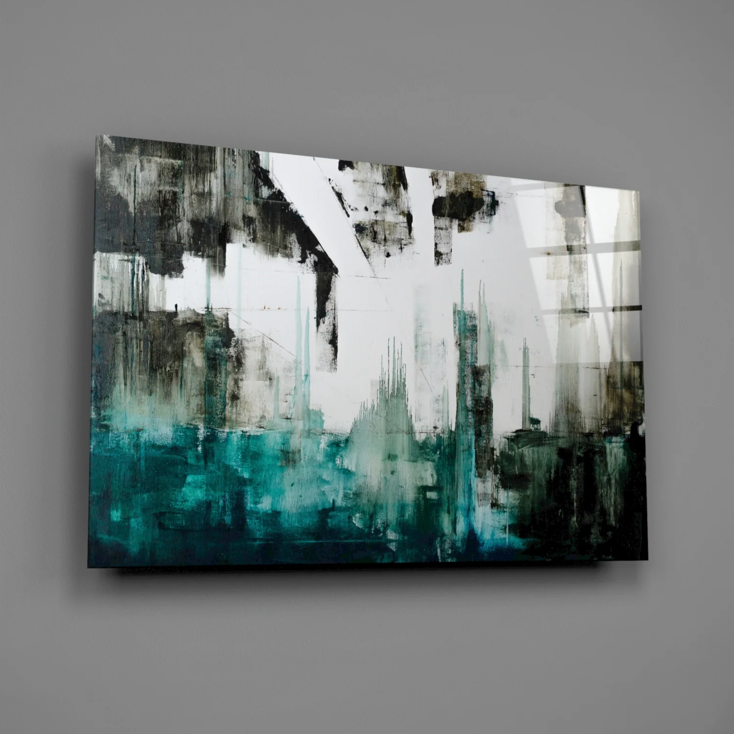 Teal Black Grunge Skyline Glass Wall Art - Image 2