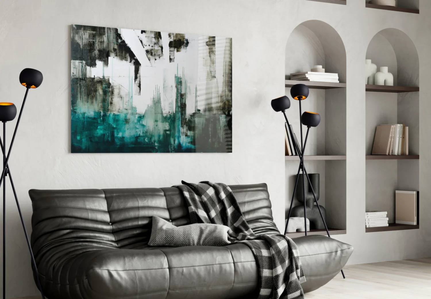 Teal Black Grunge Skyline Glass Wall Art - Image 4