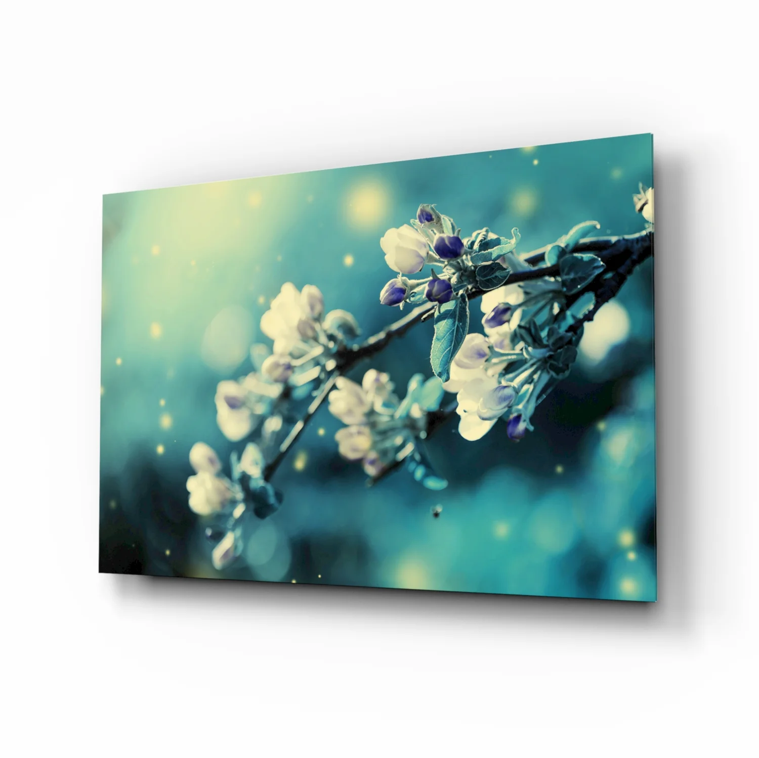 Teal Blossom Bokeh Branch Glass Wall Art - Image 2