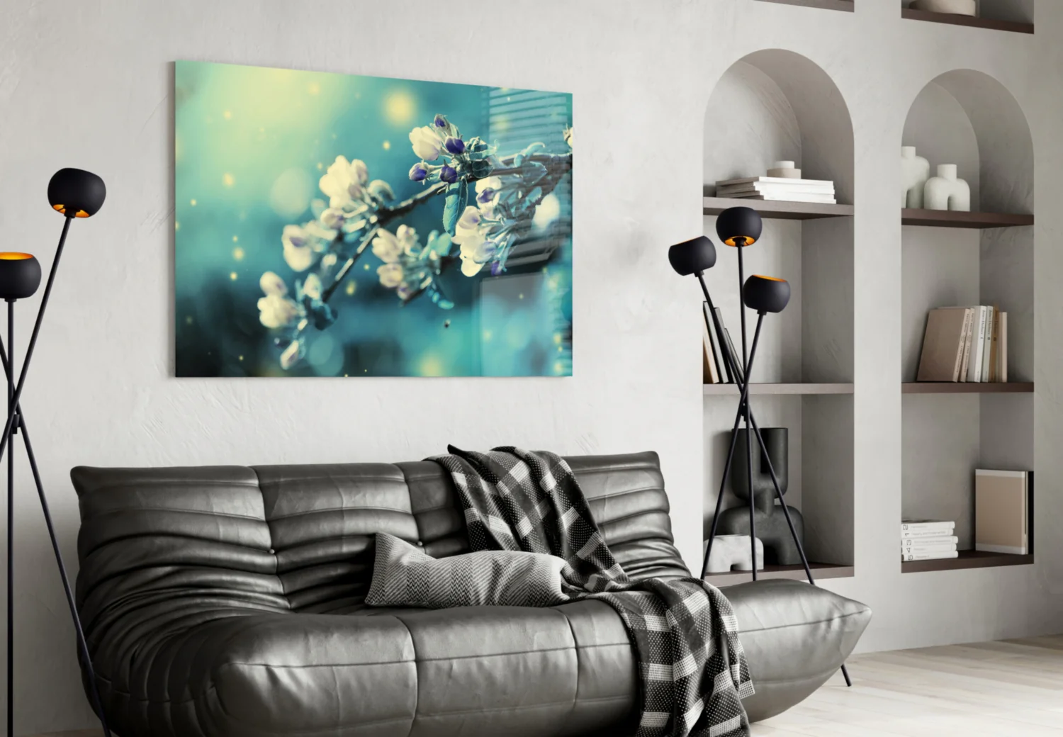 Teal Blossom Bokeh Branch Glass Wall Art - Image 5