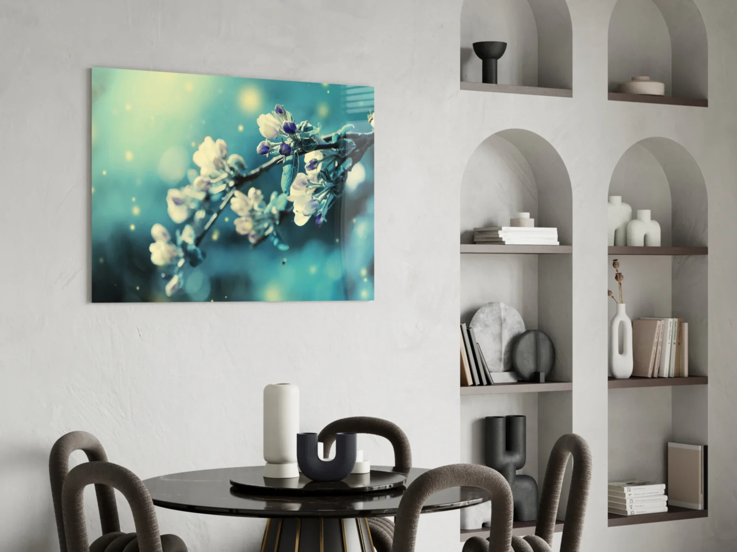 Teal Blossom Bokeh Branch Glass Wall Art - Image 6