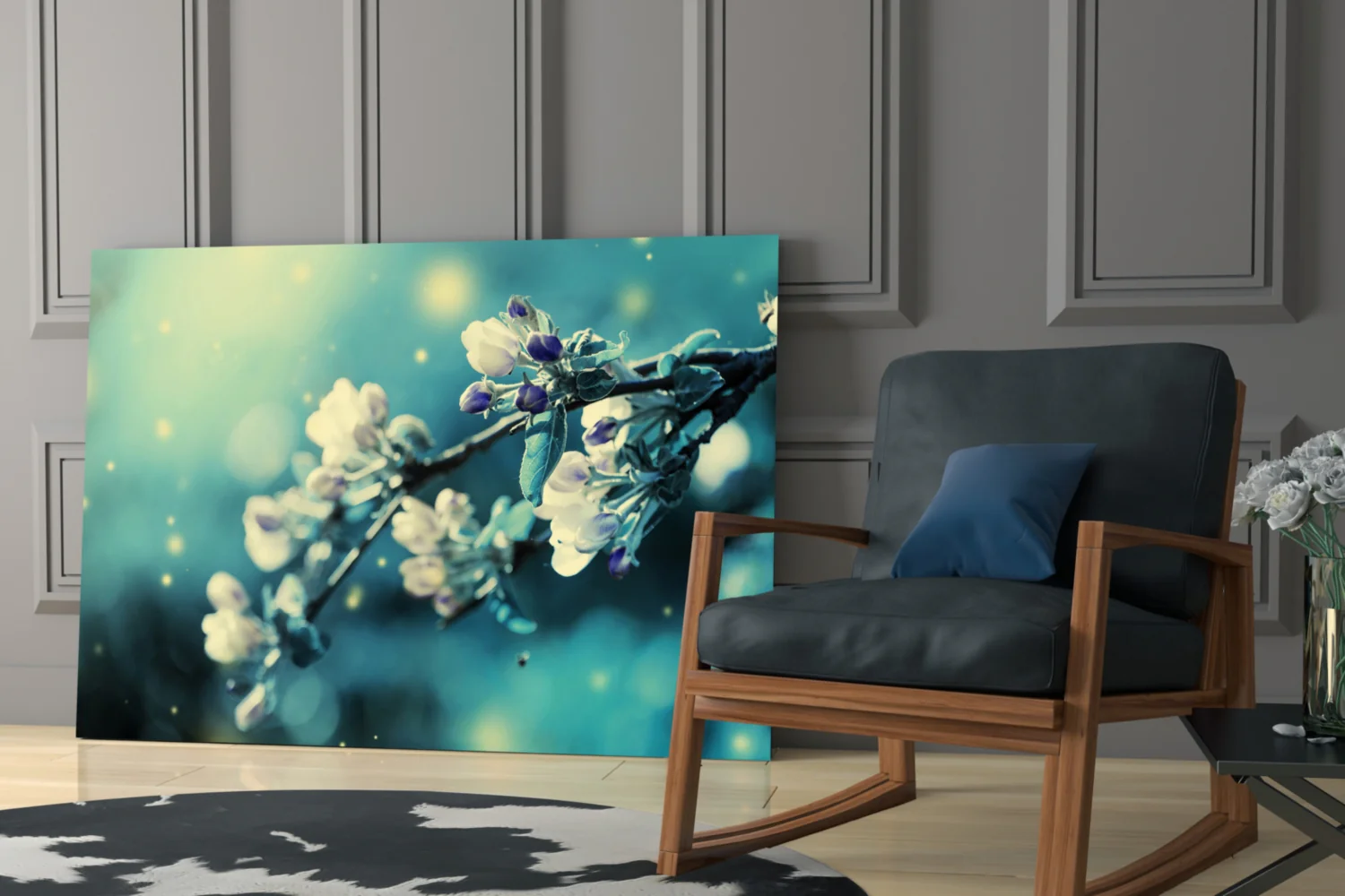Teal Blossom Bokeh Branch Glass Wall Art - Image 7