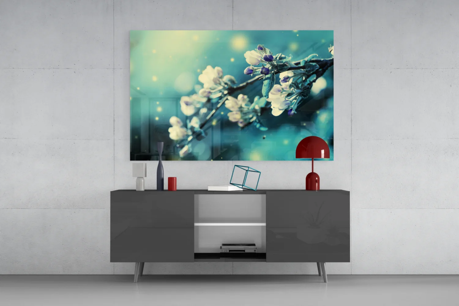 Teal Blossom Bokeh Branch Glass Wall Art - Image 9