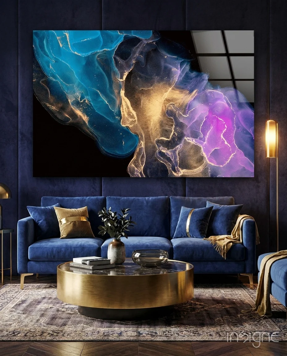 Teal Gold Purple Ink Burst Glass Wall Art