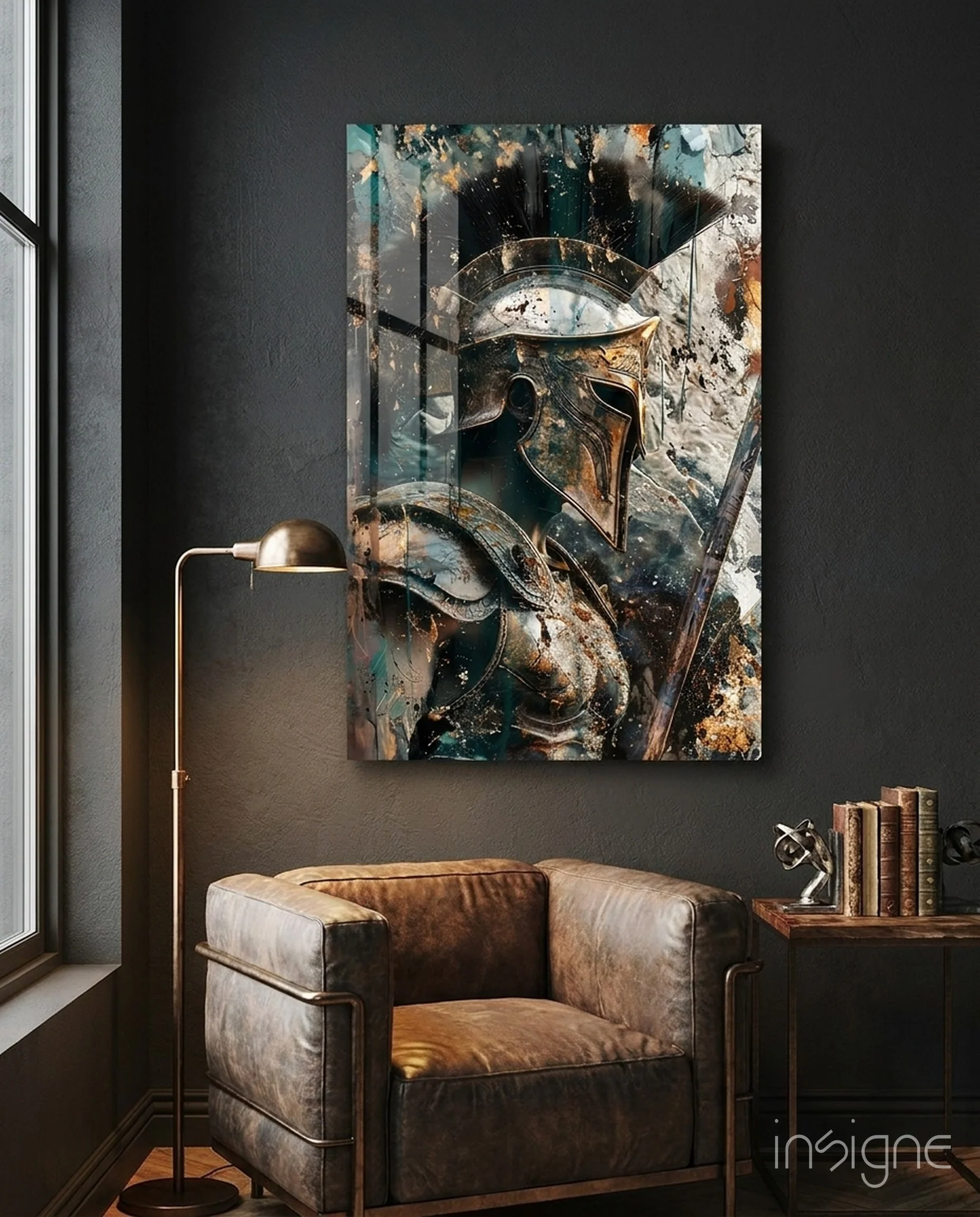 Teal Gold Spartan Helmet Glass Wall Art