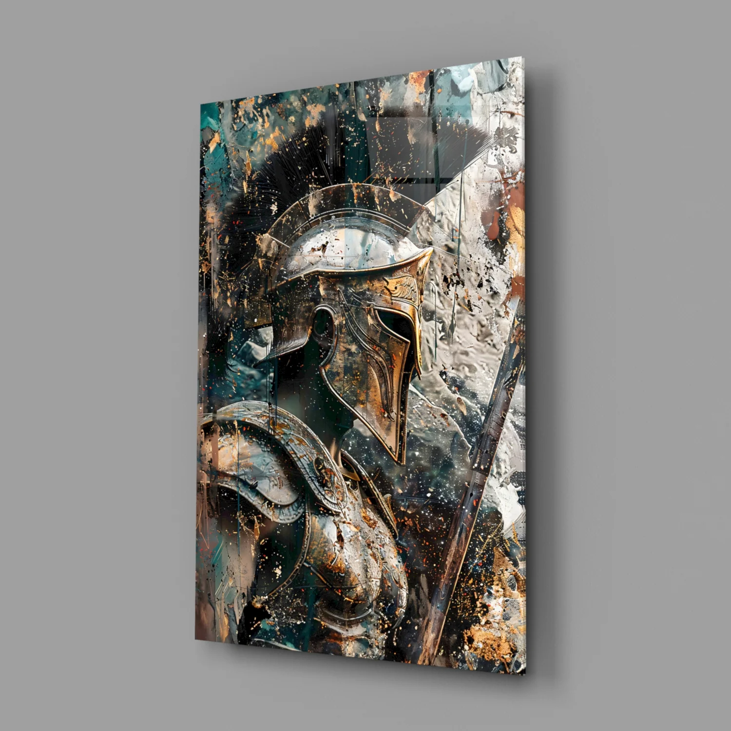 Teal Gold Spartan Helmet Glass Wall Art - Image 3