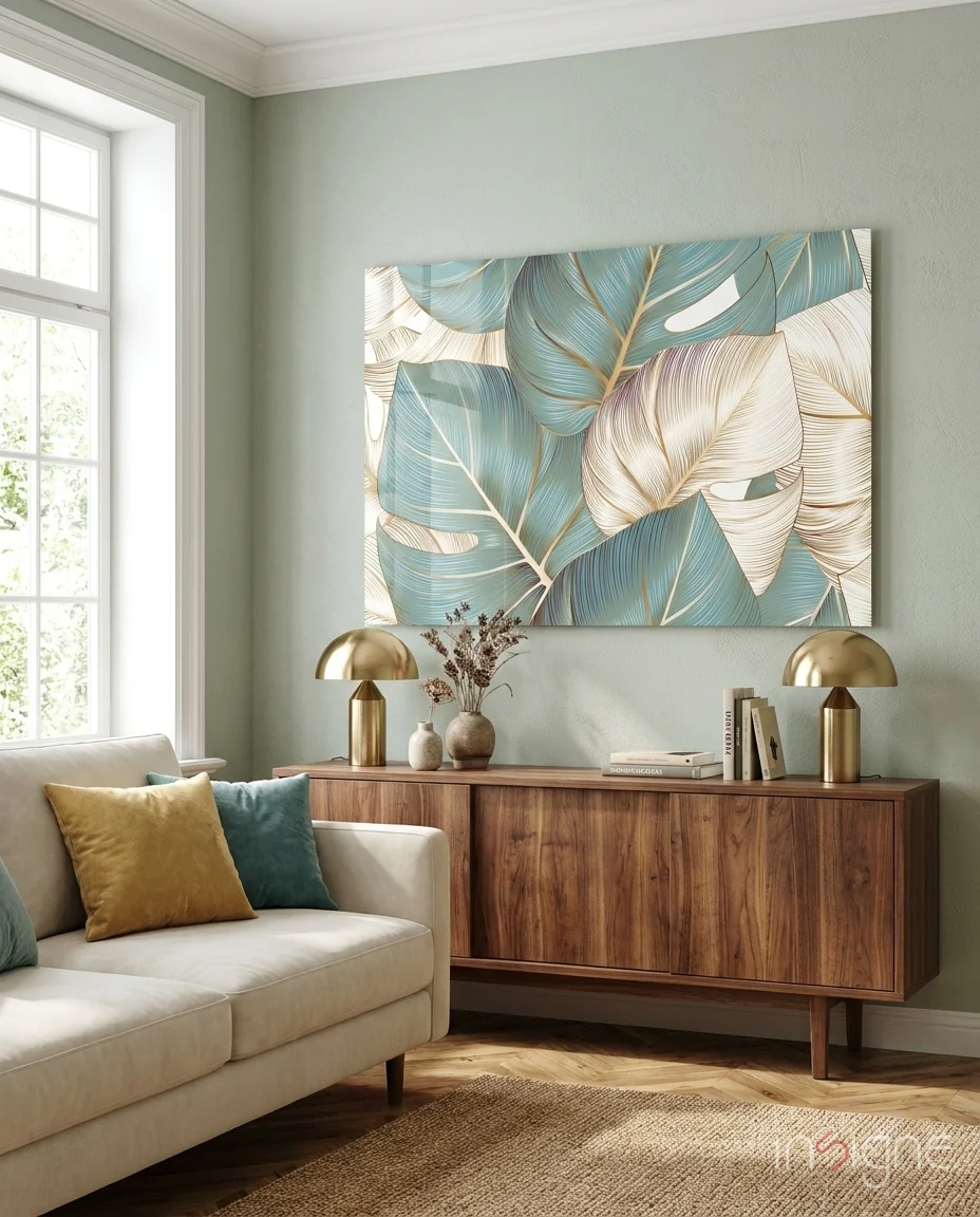 Teal Gold Tropical Leaves Glass Wall Art