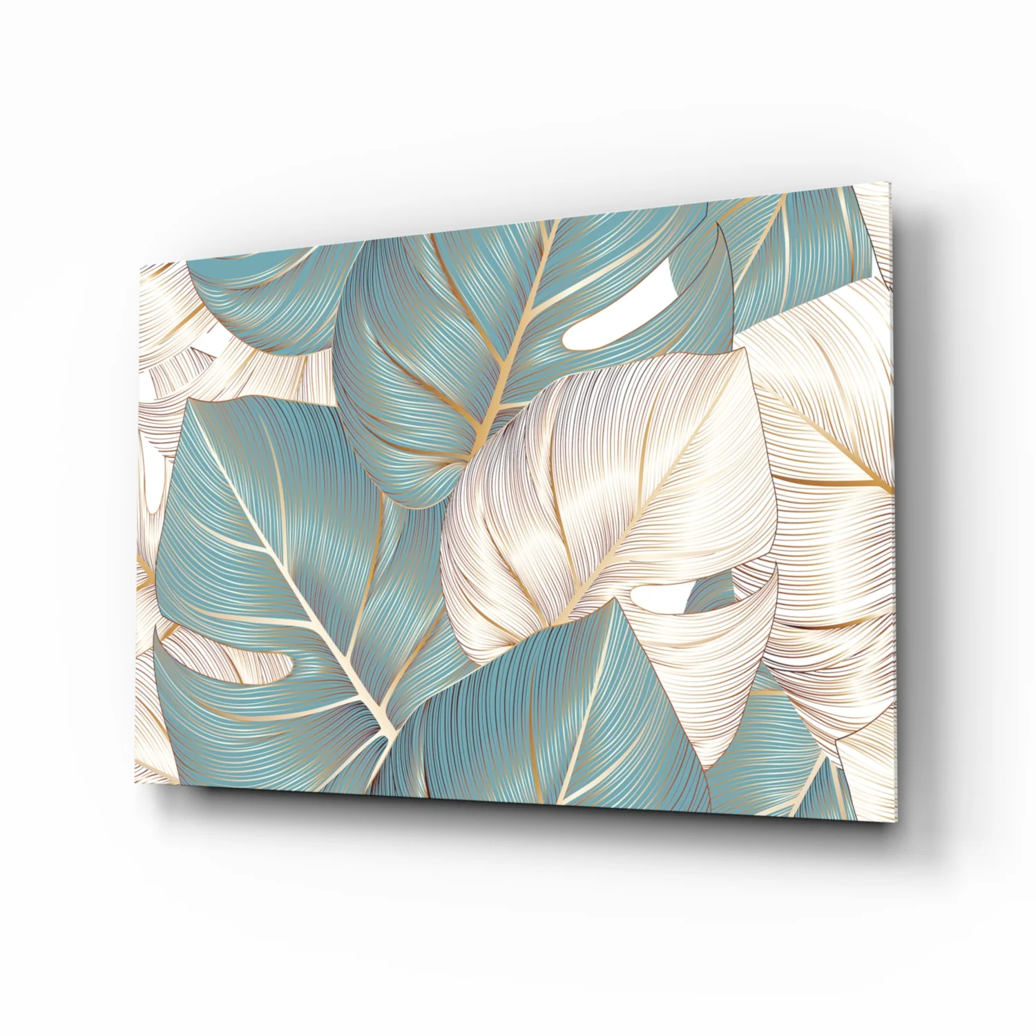 Teal Gold Tropical Leaves Glass Wall Art - Image 2