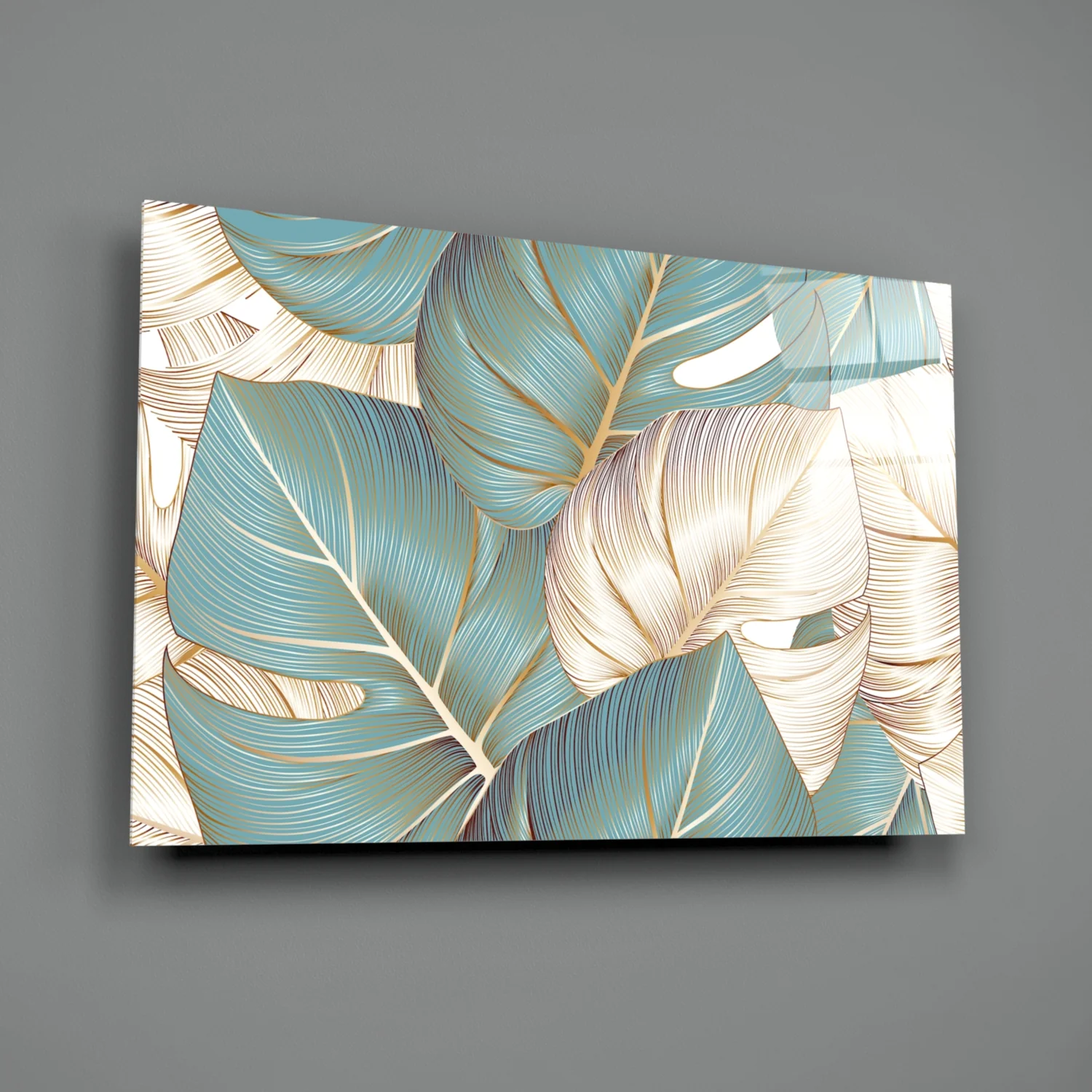 Teal Gold Tropical Leaves Glass Wall Art - Image 3