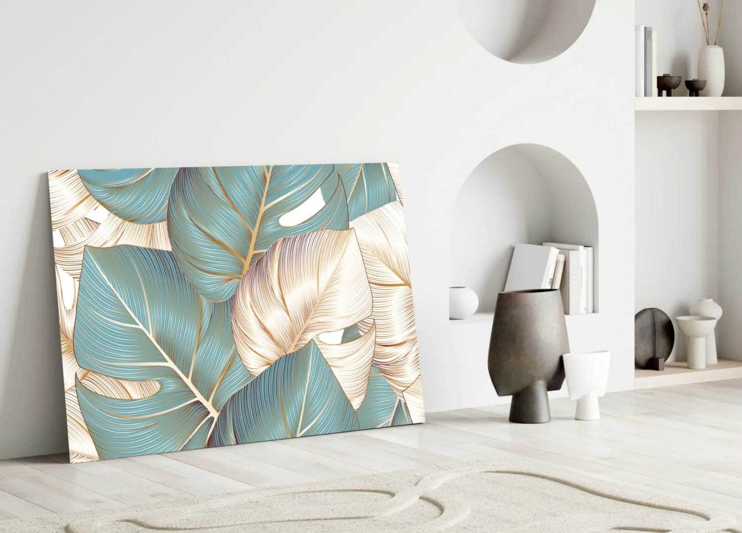 Teal Gold Tropical Leaves Glass Wall Art - Image 4