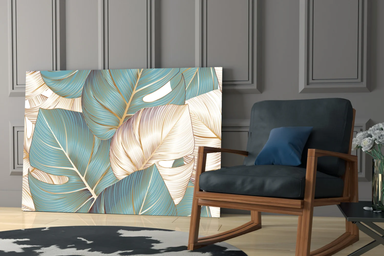 Teal Gold Tropical Leaves Glass Wall Art - Image 7