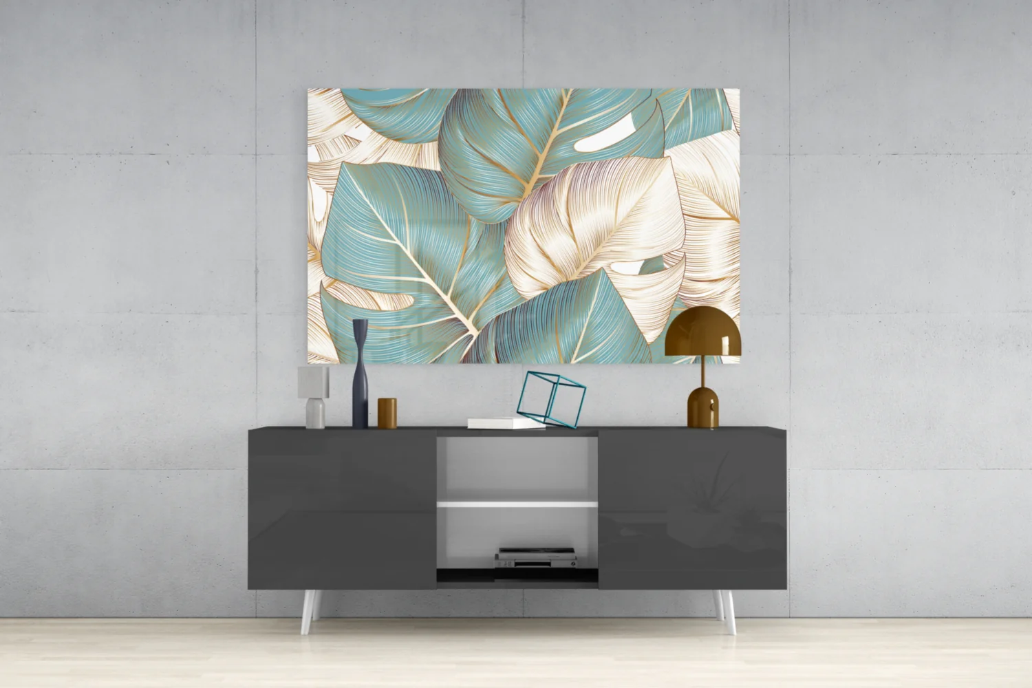 Teal Gold Tropical Leaves Glass Wall Art - Image 9