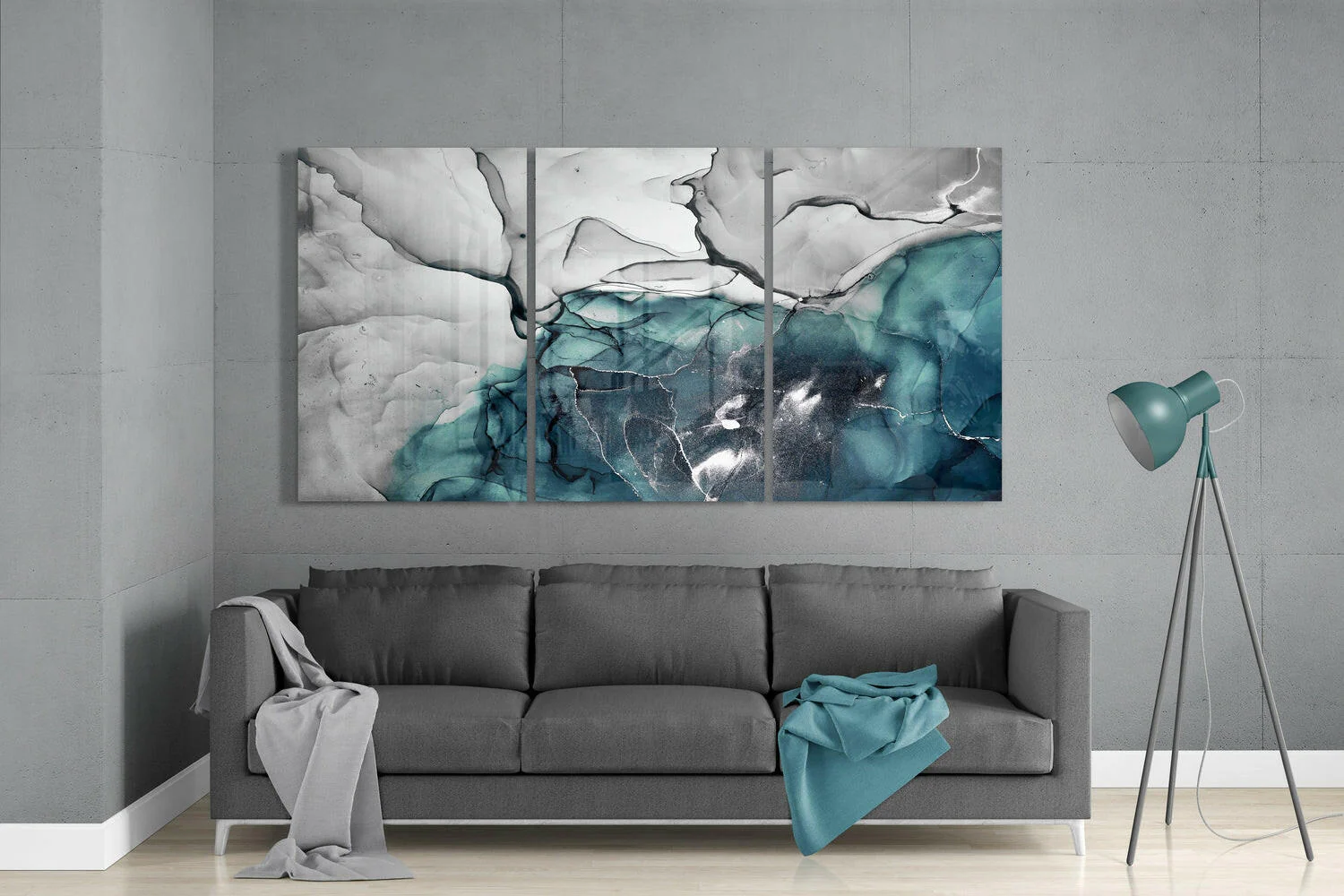Teal Gray Marble Triptych Glass Wall Art - Image 3