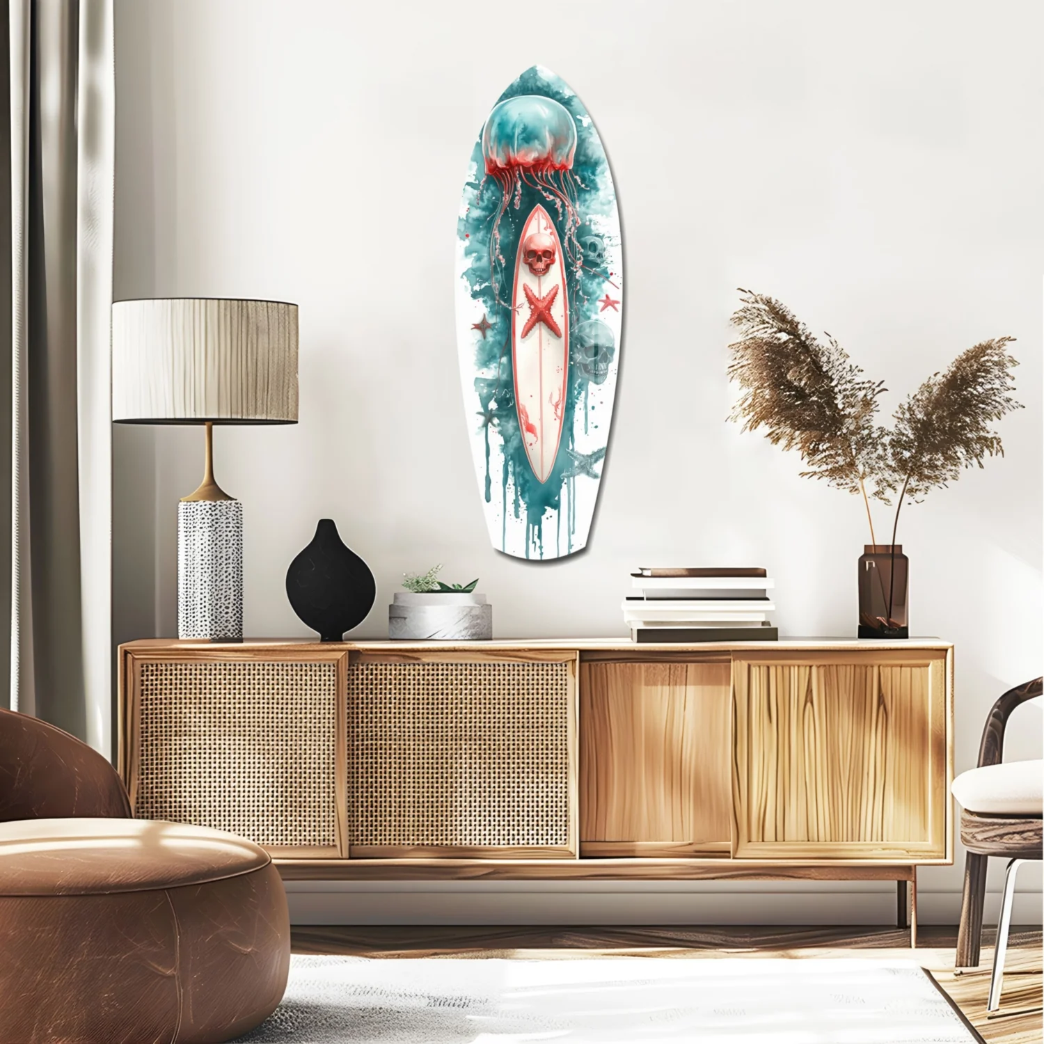 Teal Jellyfish Skull Surfboard Glass Wall Art - Image 2